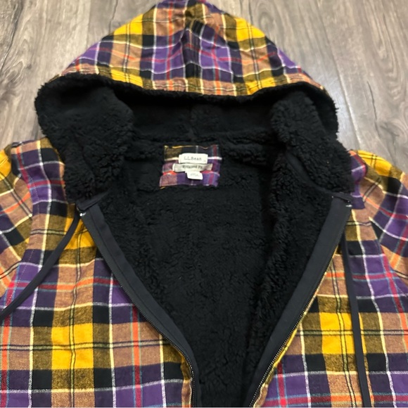 LL Bean Women's Large Shacket Scotch Plaid Fleece Lined Hoodie Purple Flannel - Picture 6 of 12